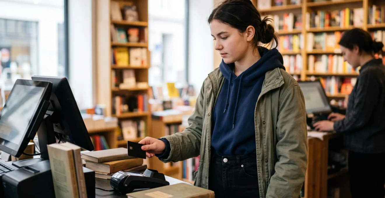 Une adolescente effectue un paiement sans contact avec sa carte bancaire dans une librairie