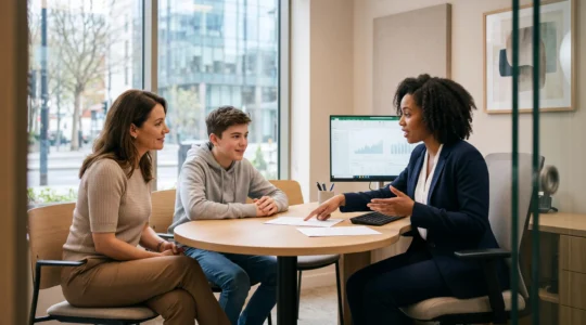 Un parent et son adolescent rencontrent un conseiller bancaire dans une agence pour ouvrir un compte bancaire