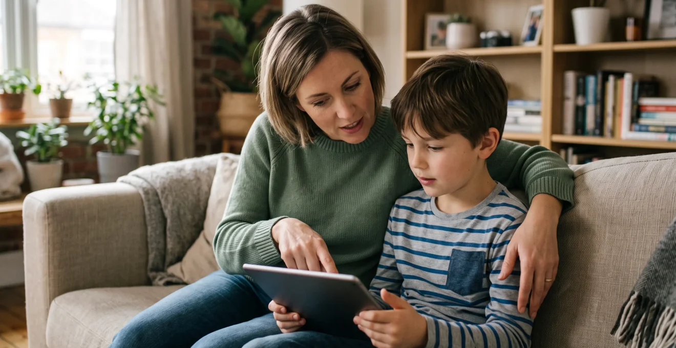 Un parent et son enfant consultent ensemble une application bancaire sur une tablette à la maison